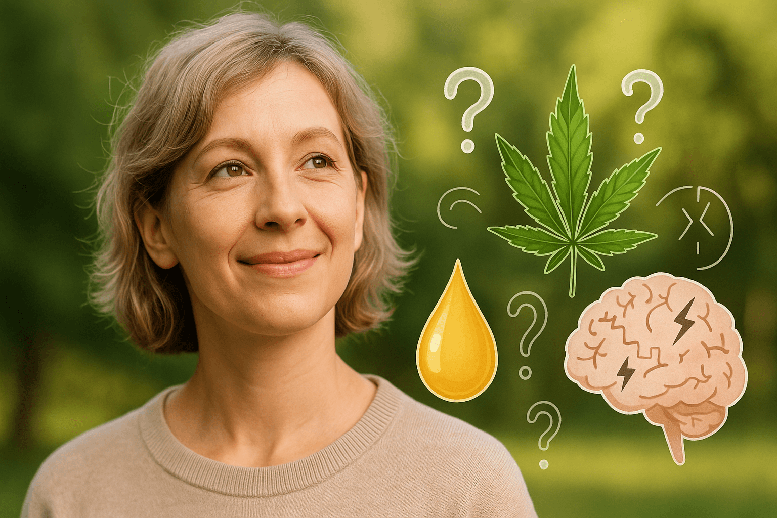 Cannabis gegen Demenz Cannabis gegen Demenz: Frau mittleren Alters umgeben von Symbolen; Hanfblatt, CB-ÖL-Tropfen, Gehirn, Fragezeichen.