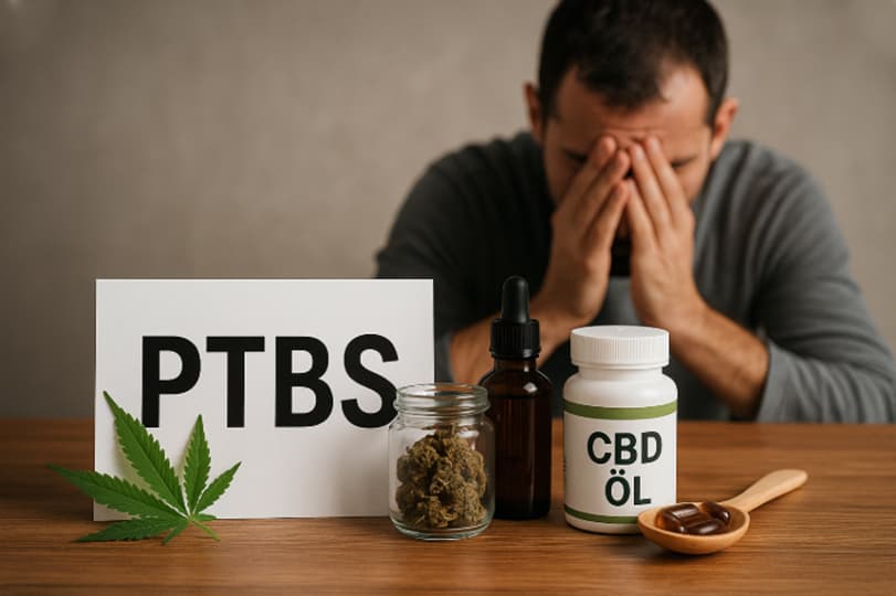 cannabis-bei-ptbs Medizinisches Cannabis bei PTBS könnte Linderung verschaffen. Verzweifelter Mann, vor ihm eine Dose CBD-Öl sowie ein Marihuana-Blatt und etwas Cannabis.