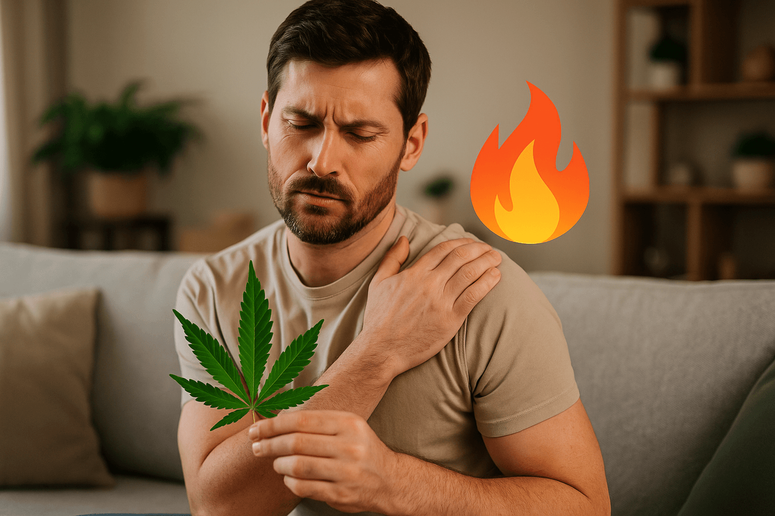 Cannabis gegen Entzündungen Mann auf dem Sofa sitzend hat Schulter-Schmerzen und sinniert über Cannabis gegen Entzündungen